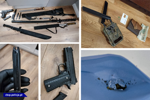 Kolaż złożony z 5 zdjęć. Na zdjęciach noże, miecze, maczety, pistolet, magazynek trzymany w ręce, gotówka oraz srebrne zawiniątko z suszem roślinnym.