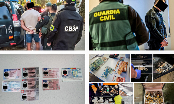 Kolaż 4 zdjęć na których znajdują się funkcjonariusze CBŚP, Guardia Civil, zatrzymany mężczyzna oraz sfałszowane dokumenty tożsamości.